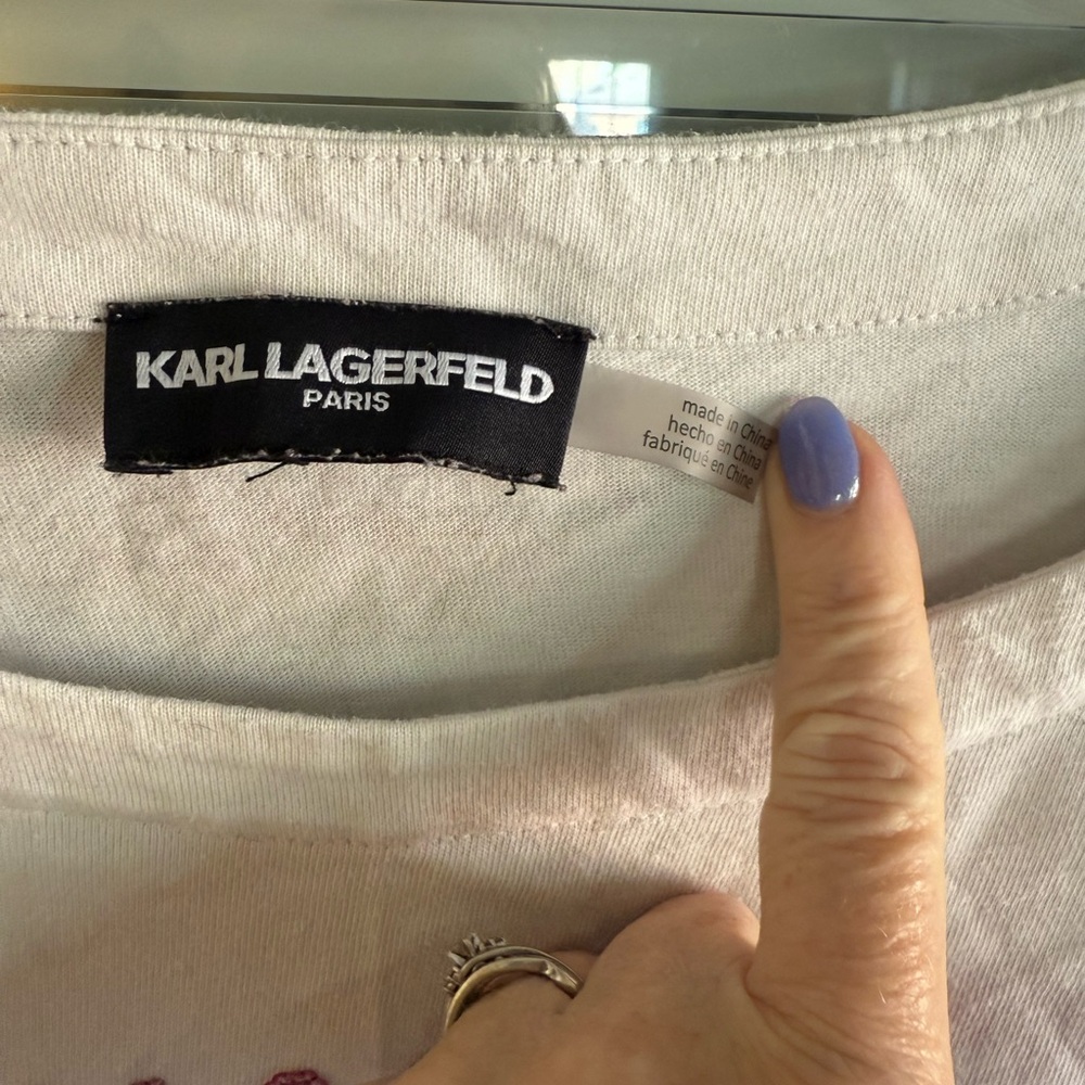 Karl Lagerfeld White Tee Black Stripes Logo Pink Sparkle Signature 100% Cotton - Picture 3 of 10